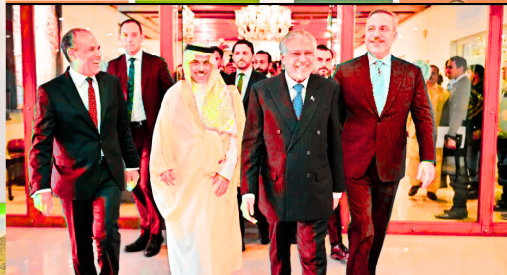 Leaders from Pakistan Saudi Arabia Turkiye and Egypt discussing peace strategyImage high-level diplomatic meeting in Islamabad where Pakistan and allied countries discuss strategies to reduce tensions between the US and Iran and promote peace talks.