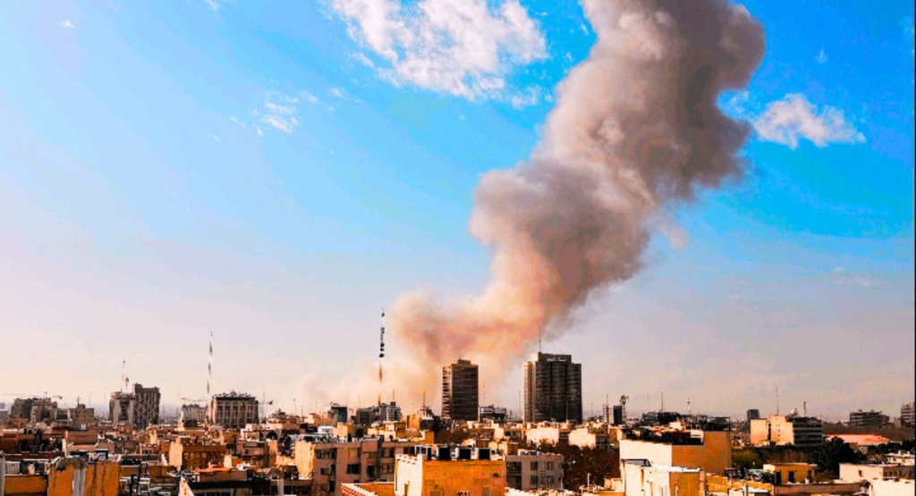 Iran War Live scene showing aftermath of airstrikes in Iran