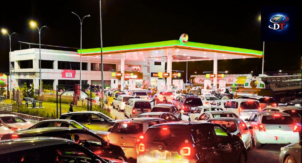 Pakistan fuel prices hike scene at petrol station with vehicles waiting in line