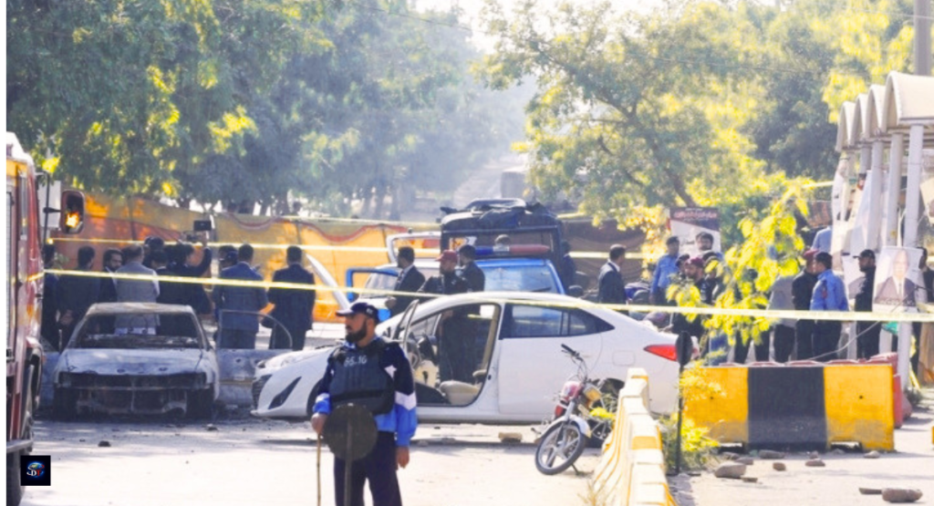 Damaged police post after Bannu car bomb attack in Pakistan