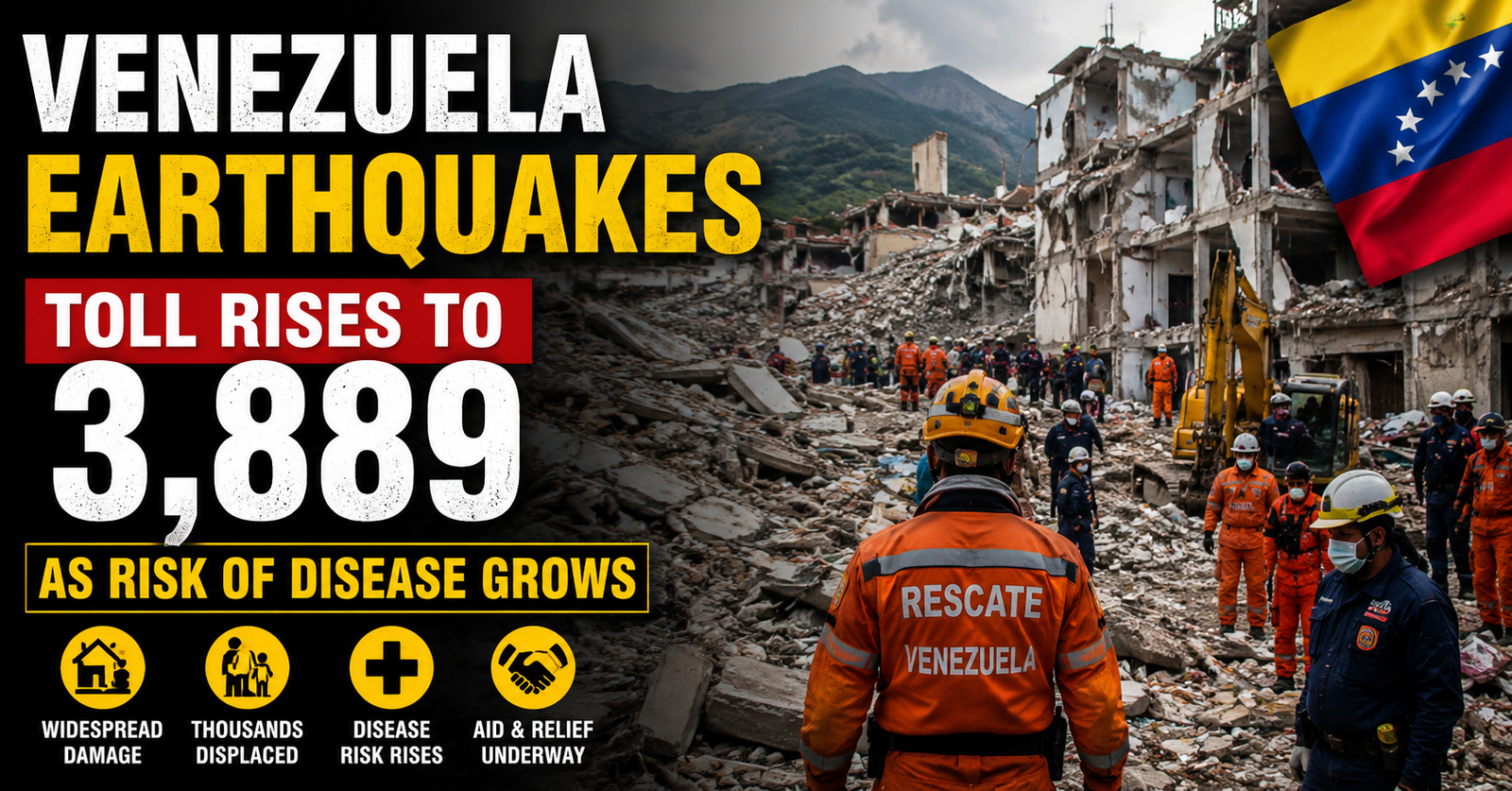 Rescue workers searching collapsed buildings after Venezuela earthquakes with emergency aid teams