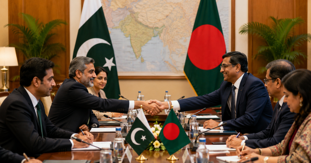 Diplomatic meeting between Pakistan and Bangladesh leaders to expand bilateral cooperation and regional partnership.