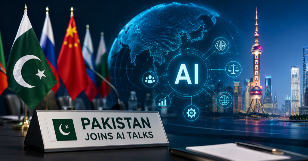 Pakistan Deputy Prime Minister Ishaq Dar attending the China-led AI governance body signing ceremony in Shanghai to strengthen AI cooperation.